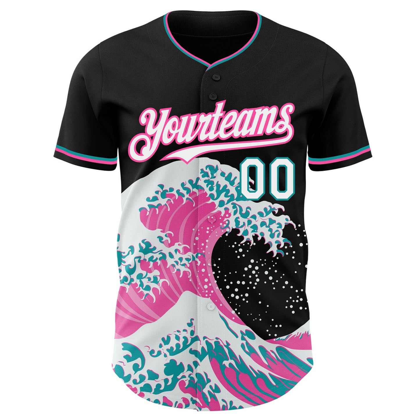 Custom Black White Pink-Teal Japanese Wave Authentic Baseball Jersey view 3