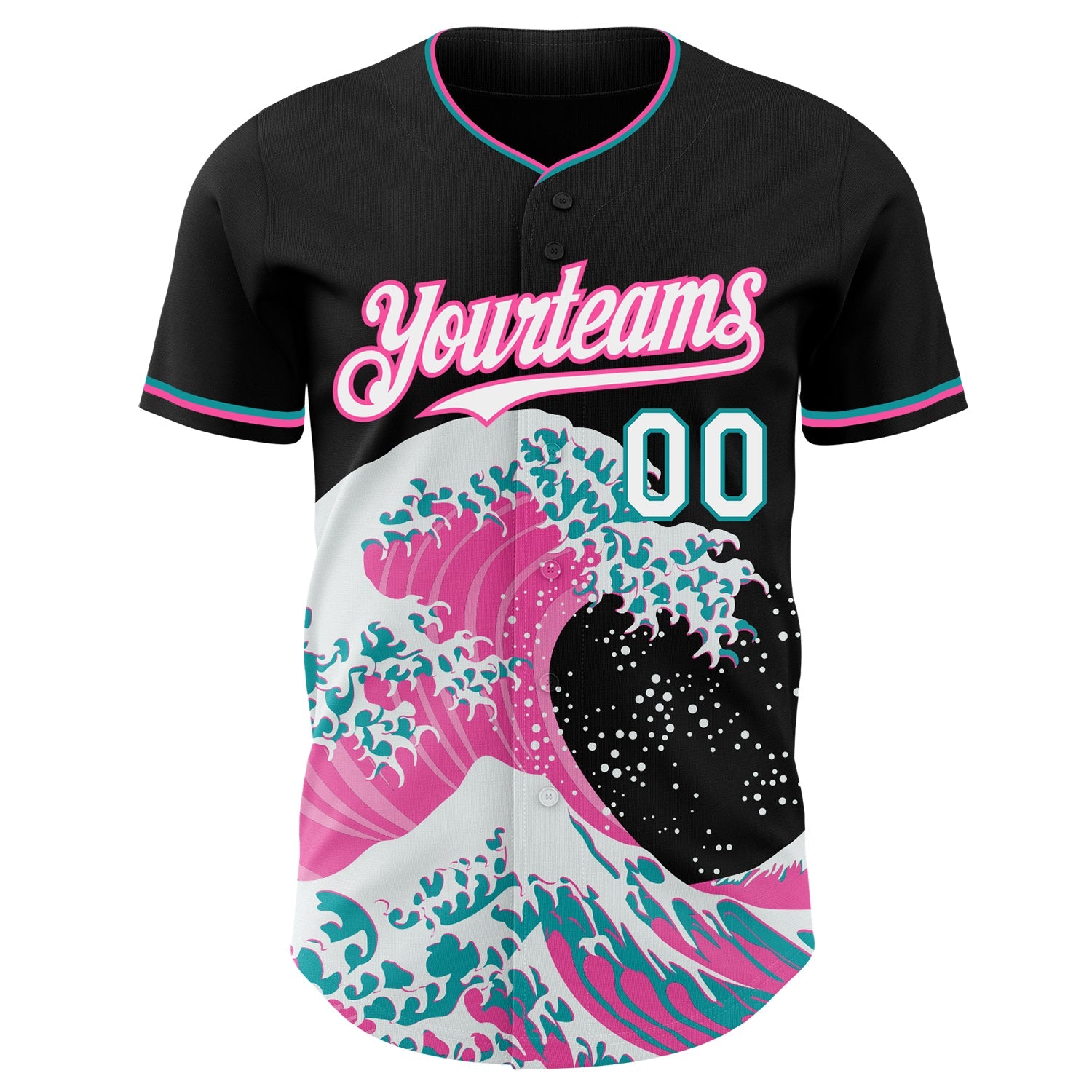 Custom Black White Pink-Teal Japanese Wave Authentic Baseball Jersey view 3