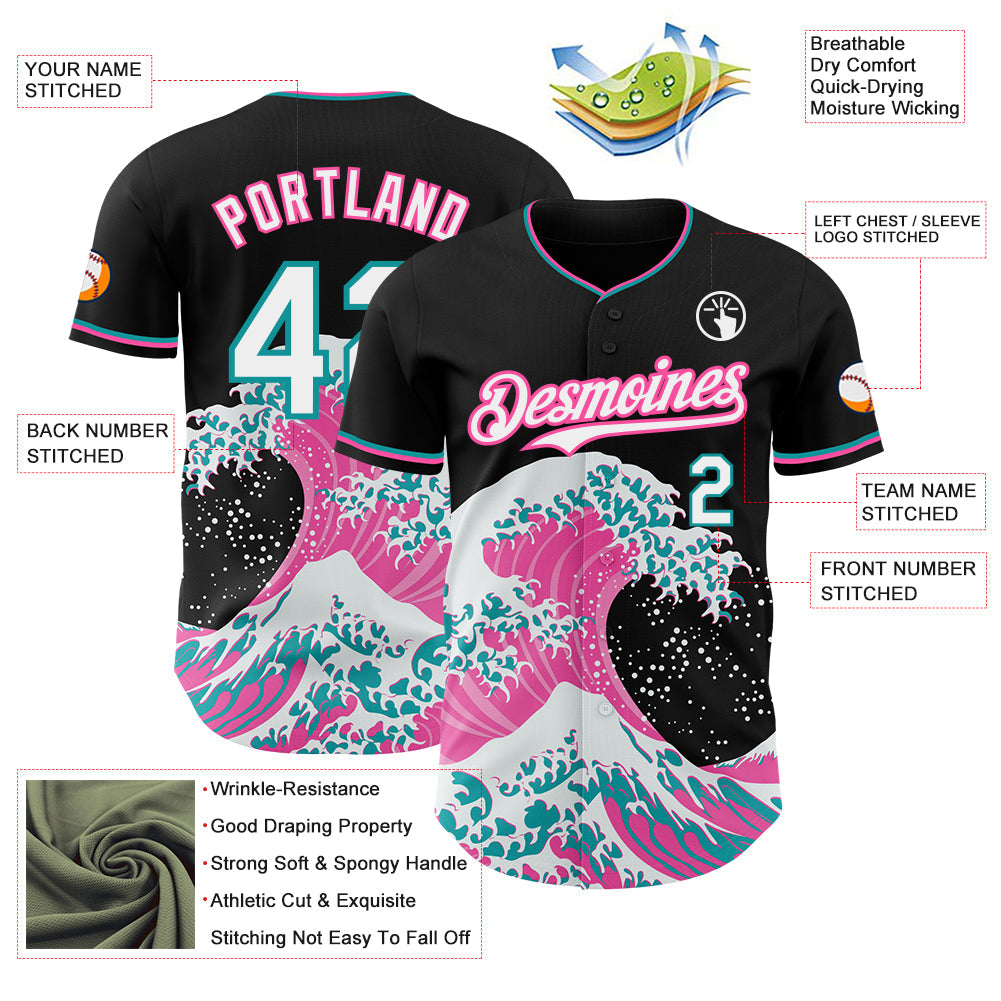 Custom Black White Pink-Teal Japanese Wave Authentic Baseball Jersey view 4
