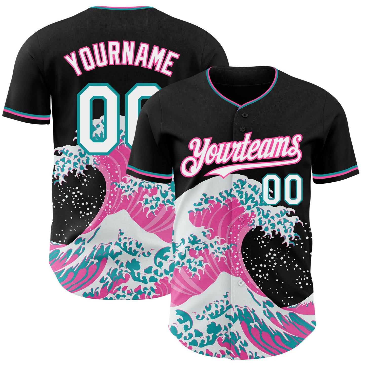 Custom Black White Pink-Teal Japanese Wave Authentic Baseball Jersey - Main View