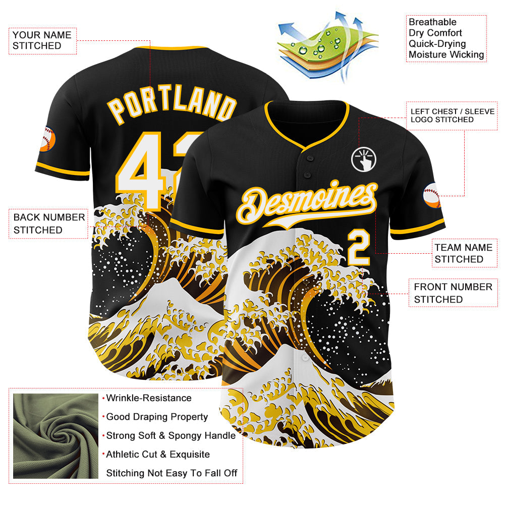 Custom Black White-Gold Japanese Wave Authentic Baseball Jersey view 4
