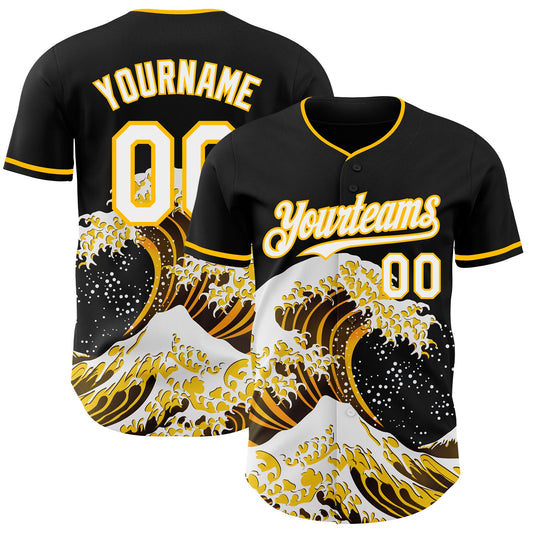 Custom Black White-Gold Japanese Wave Authentic Baseball Jersey - Main View