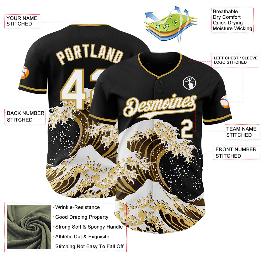 Custom Black White-Old Gold Japanese Wave Authentic Baseball Jersey view 4