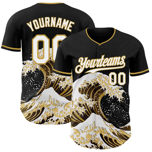 Custom Black White-Old Gold Japanese Wave Authentic Baseball Jersey - Main View