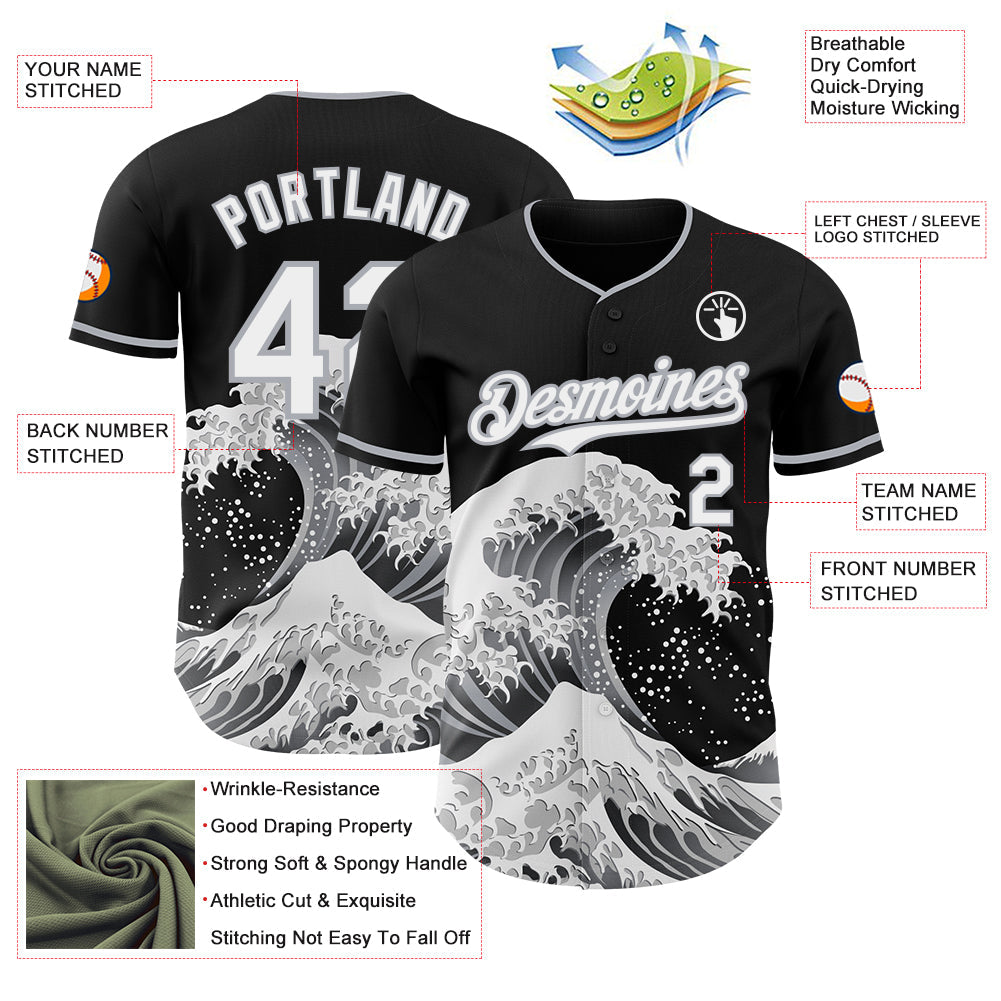 Custom Black White-Gray Japanese Wave Authentic Baseball Jersey view 4
