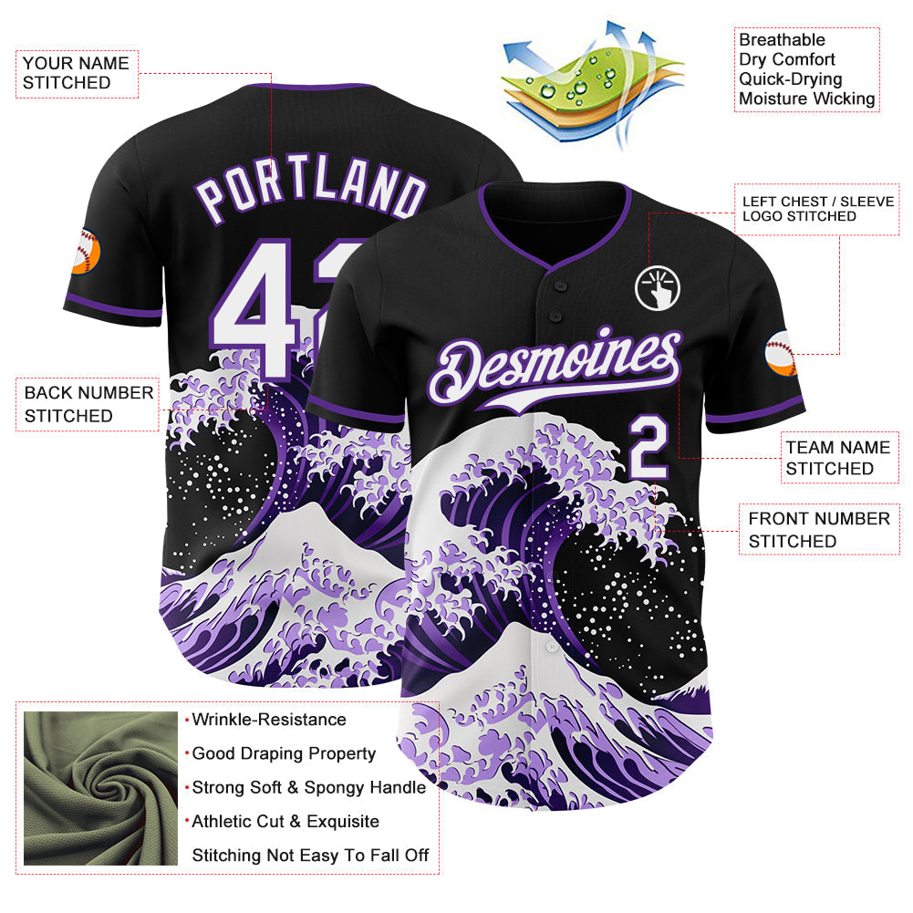 Custom Black White-Purple Japanese Wave Authentic Baseball Jersey view 4