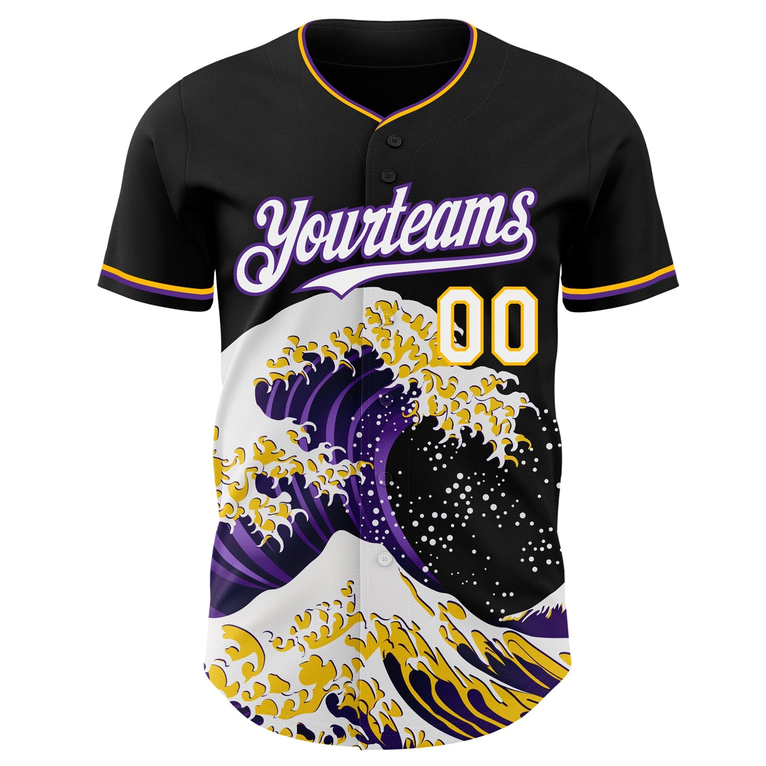 Custom Black White Purple-Gold Japanese Wave Authentic Baseball Jersey view 3