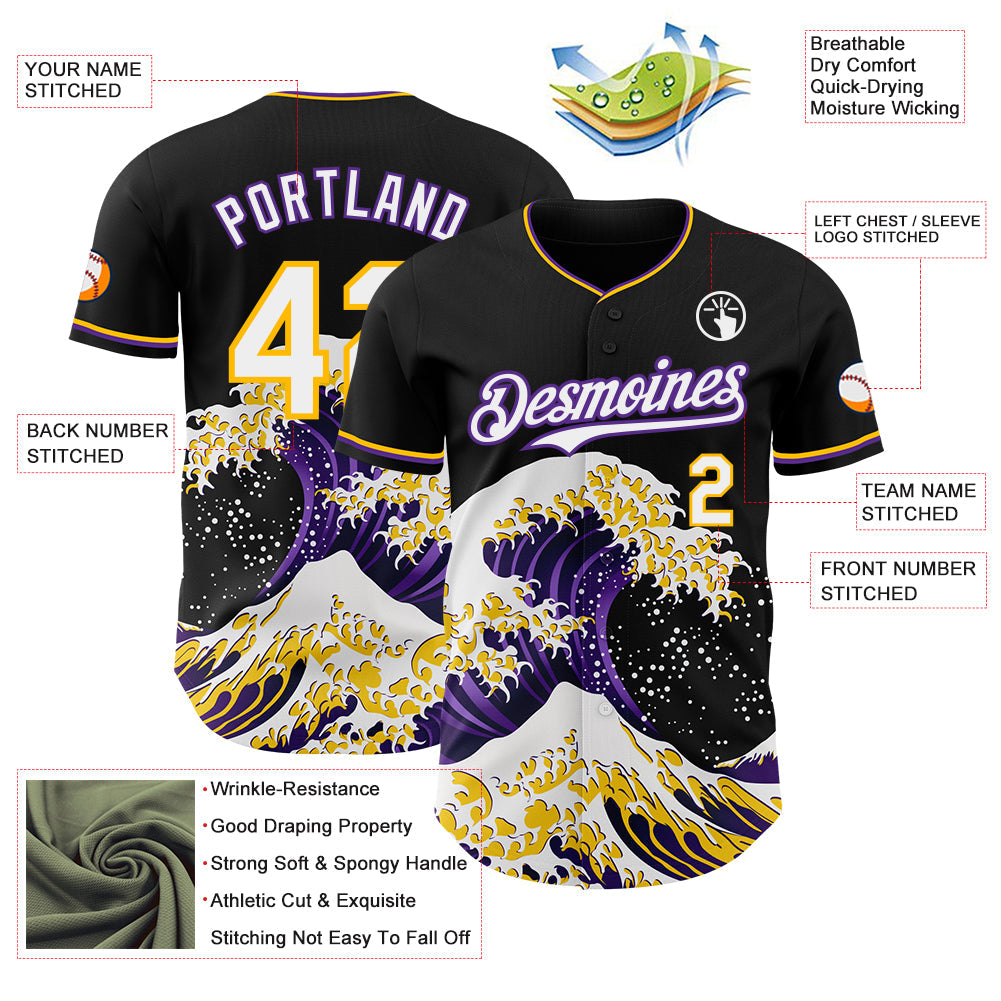 Custom Black White Purple-Gold Japanese Wave Authentic Baseball Jersey view 4