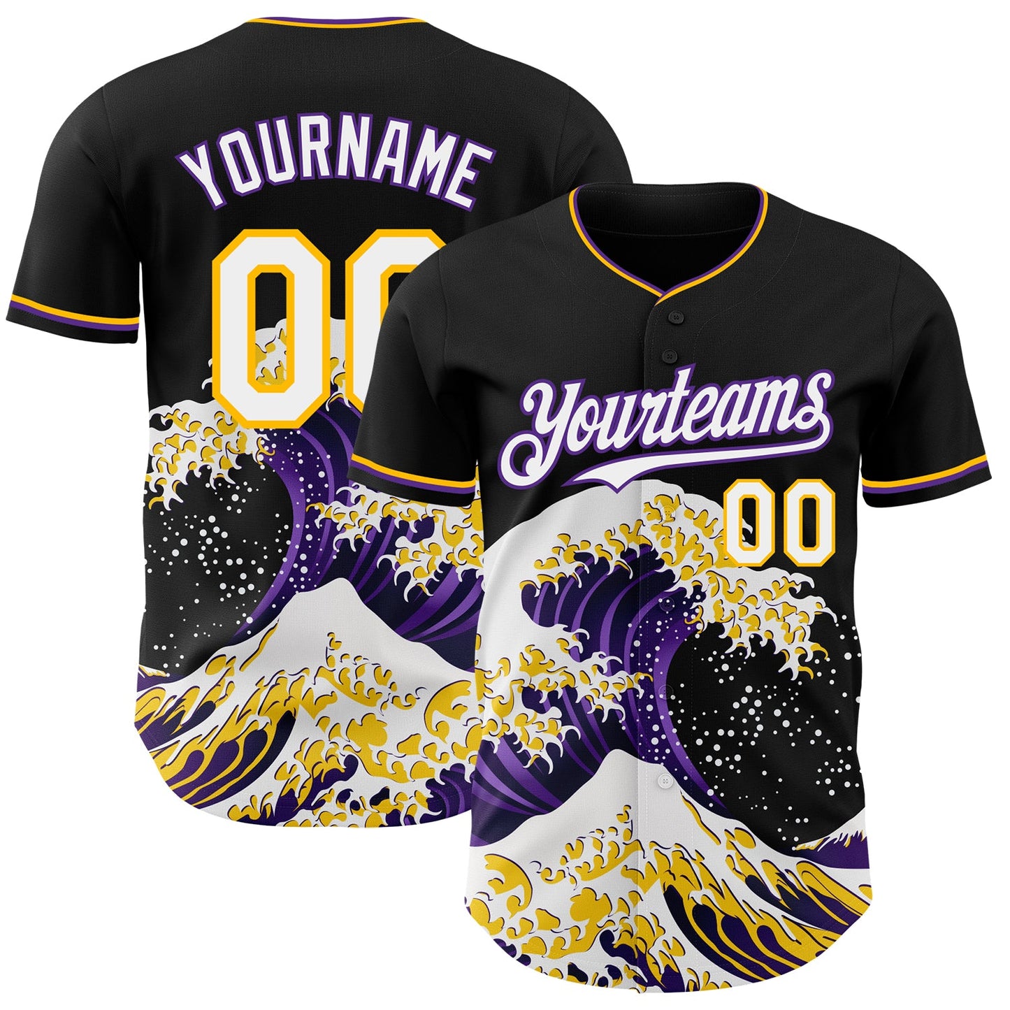 Custom Black White Purple-Gold Japanese Wave Authentic Baseball Jersey - Main View