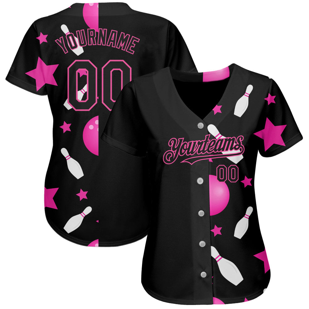 Custom Black Pink 3D Pattern Design Bowling Authentic Baseball Jersey view 2
