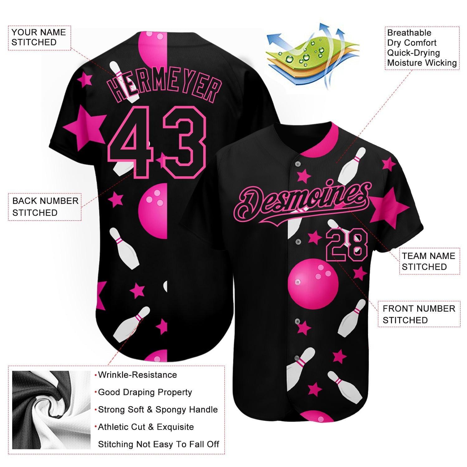 Custom Black Pink 3D Pattern Design Bowling Authentic Baseball Jersey view 3