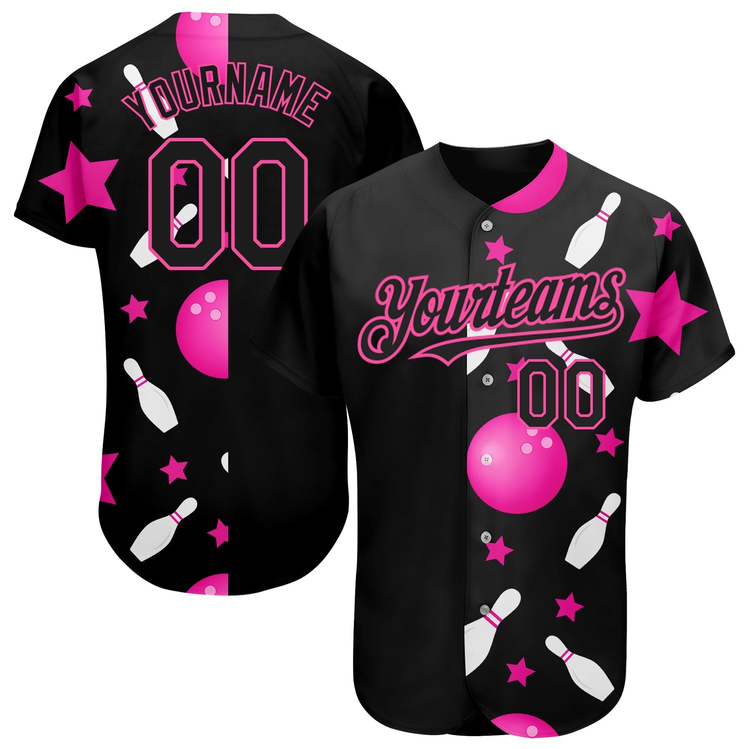 Custom Black Pink 3D Pattern Design Bowling Authentic Baseball Jersey - Main View