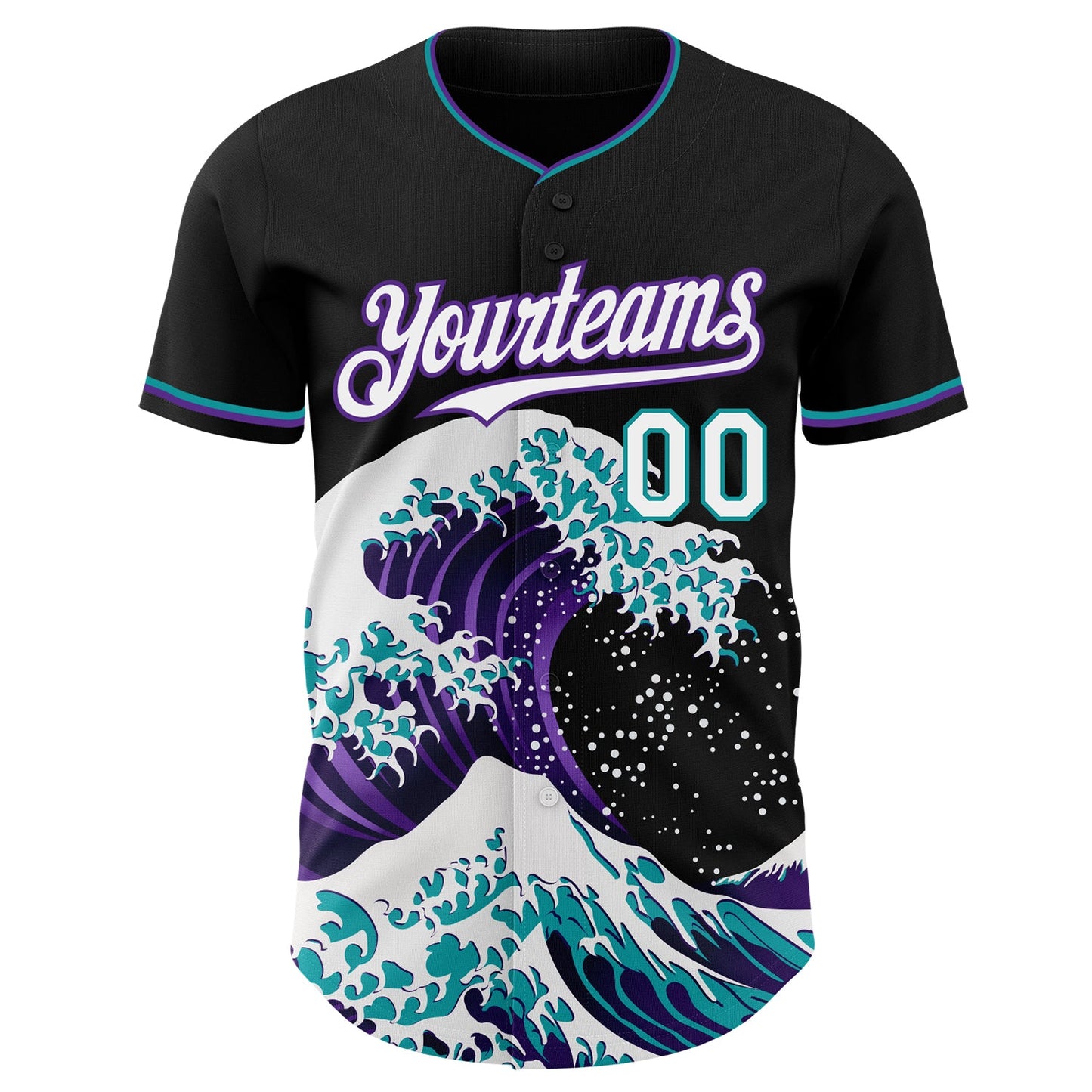 Custom Black White Purple-Teal Japanese Wave Authentic Baseball Jersey view 3
