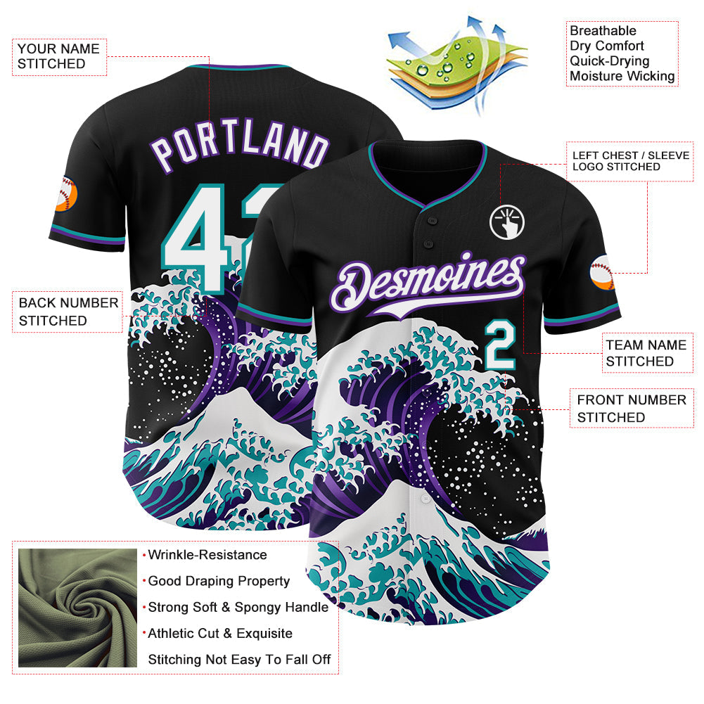 Custom Black White Purple-Teal Japanese Wave Authentic Baseball Jersey view 4