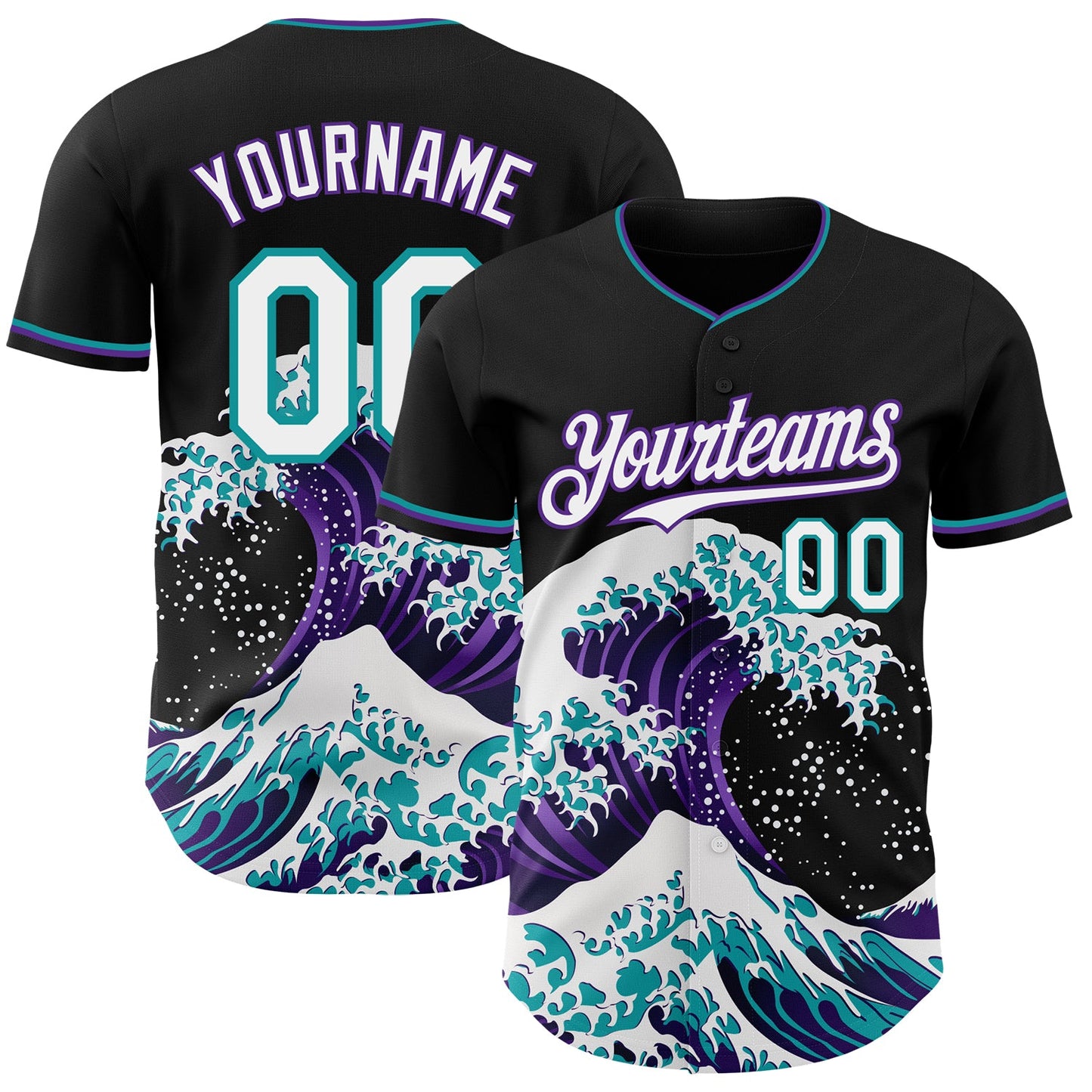 Custom Black White Purple-Teal Japanese Wave Authentic Baseball Jersey - Main View