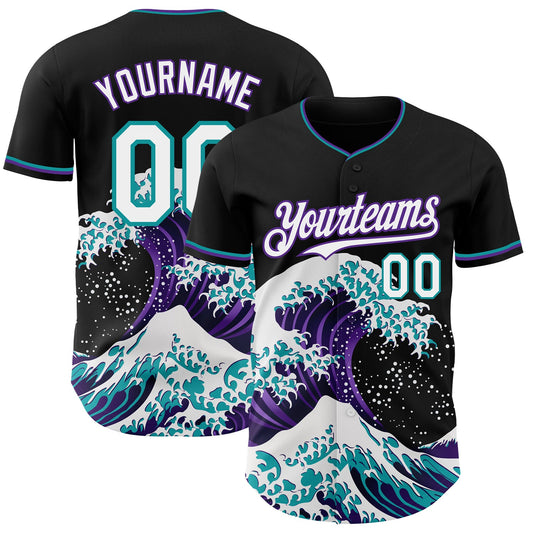 Custom Black White Purple-Teal Japanese Wave Authentic Baseball Jersey - Main View