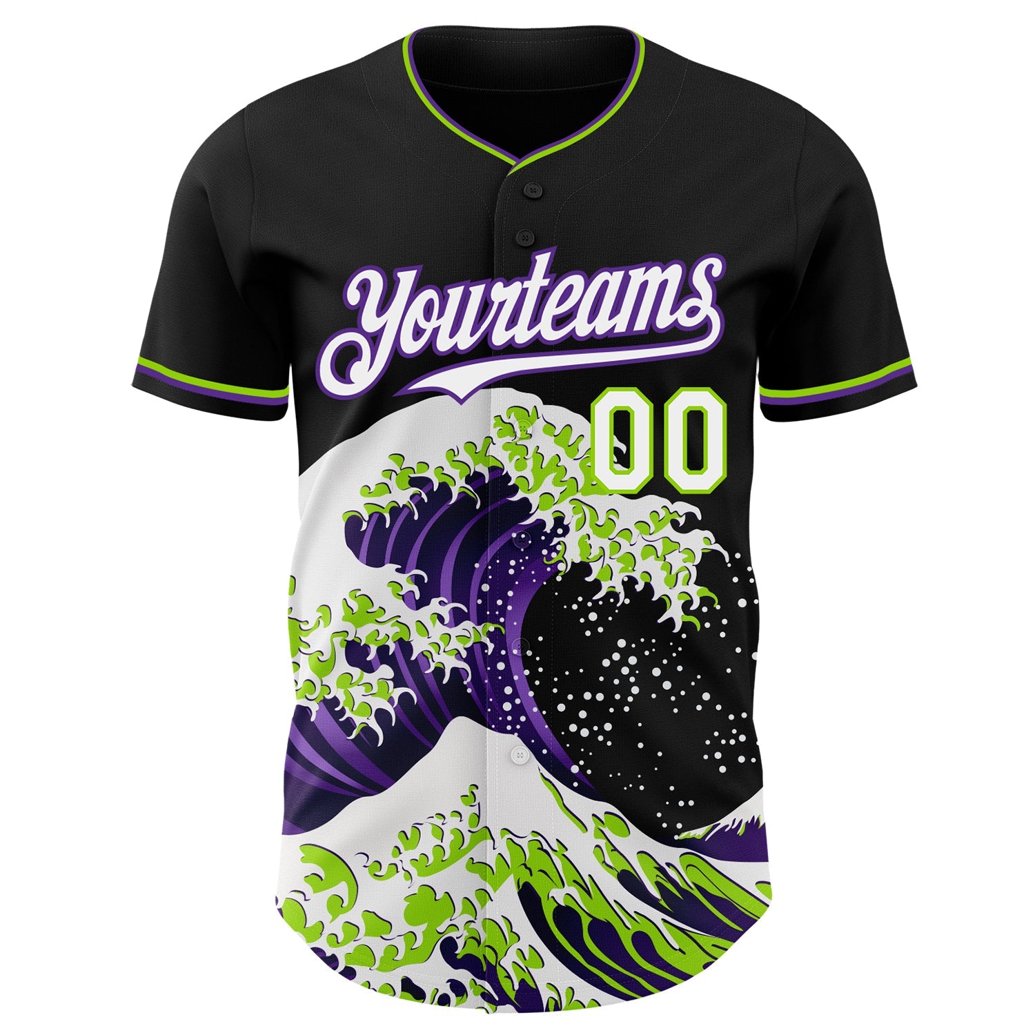 Custom Black White Purple-Neon Green Japanese Wave Authentic Baseball Jersey view 3
