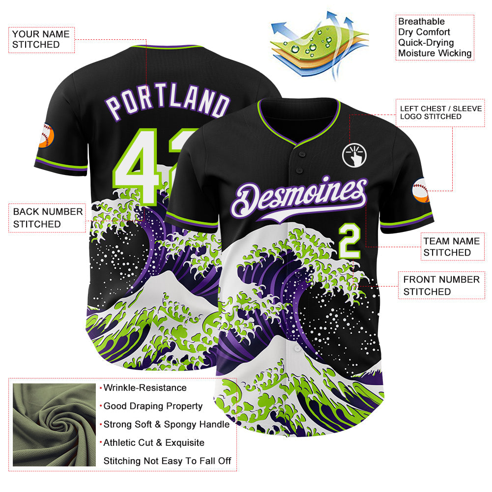 Custom Black White Purple-Neon Green Japanese Wave Authentic Baseball Jersey view 4