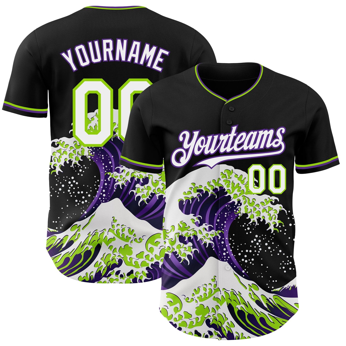 Custom Black White Purple-Neon Green Japanese Wave Authentic Baseball Jersey - Main View