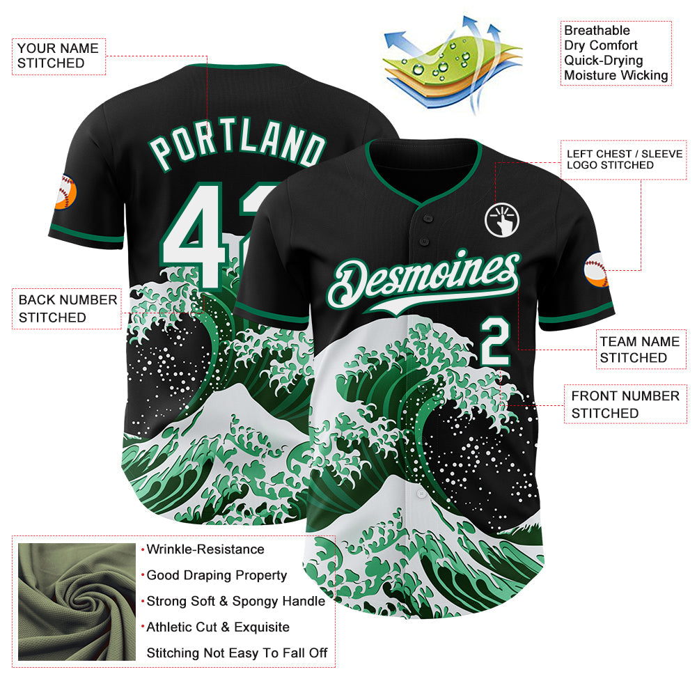 Custom Black White-Kelly Green Japanese Wave Authentic Baseball Jersey view 4