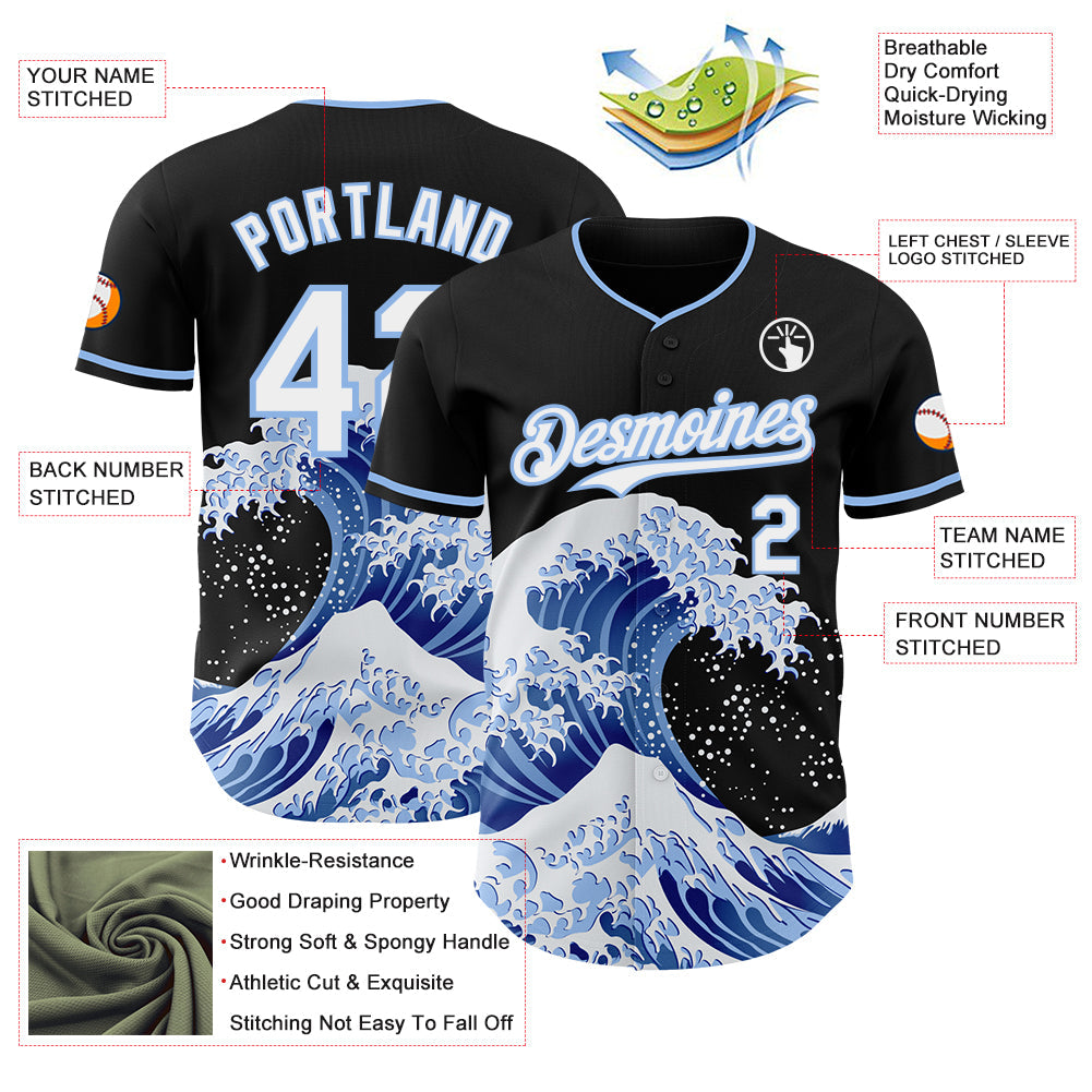 Custom Black White-Light Blue Japanese Wave Authentic Baseball Jersey view 4