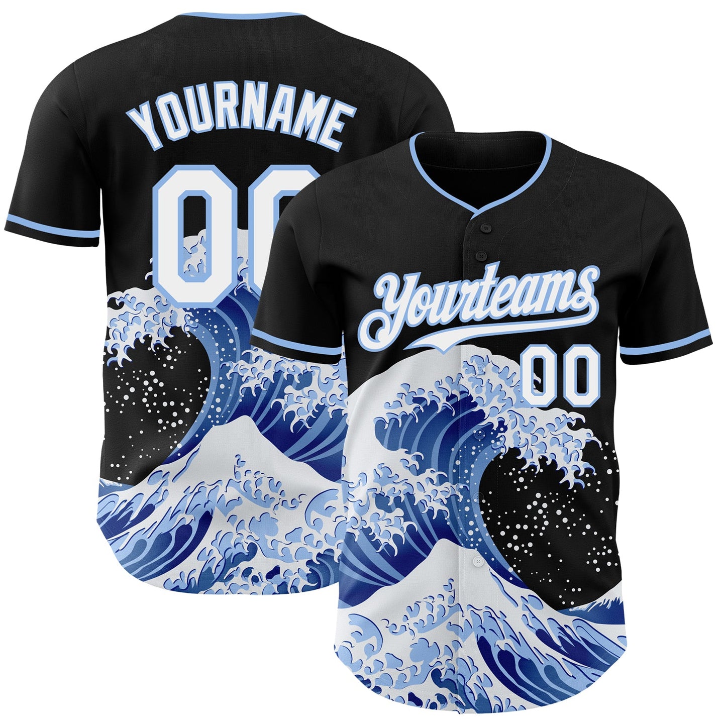 Custom Black White-Light Blue Japanese Wave Authentic Baseball Jersey - Main View