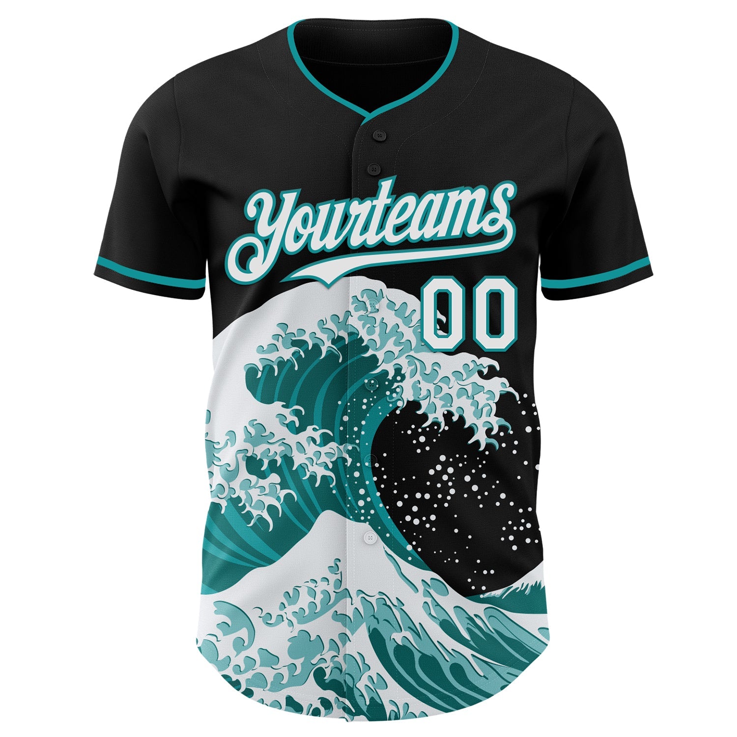 Custom Black White-Teal Japanese Wave Authentic Baseball Jersey view 3