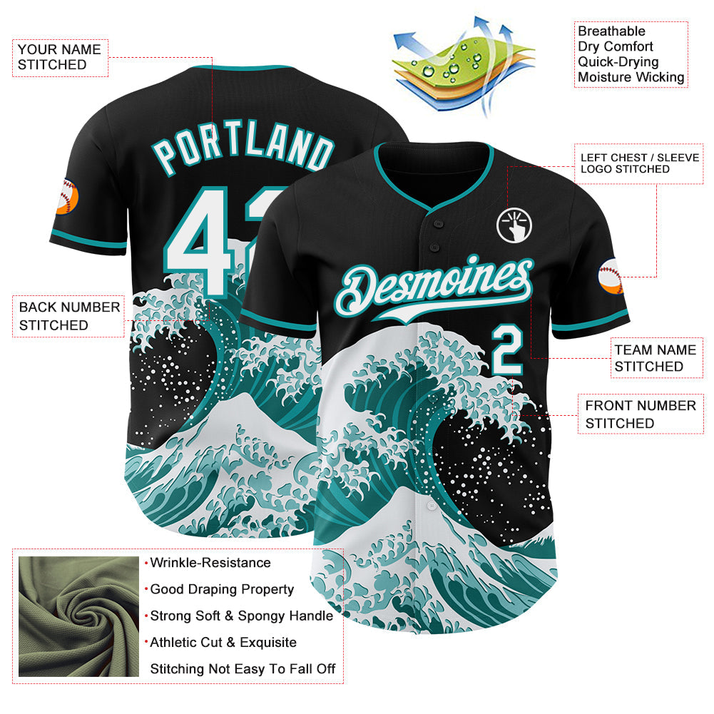 Custom Black White-Teal Japanese Wave Authentic Baseball Jersey view 4