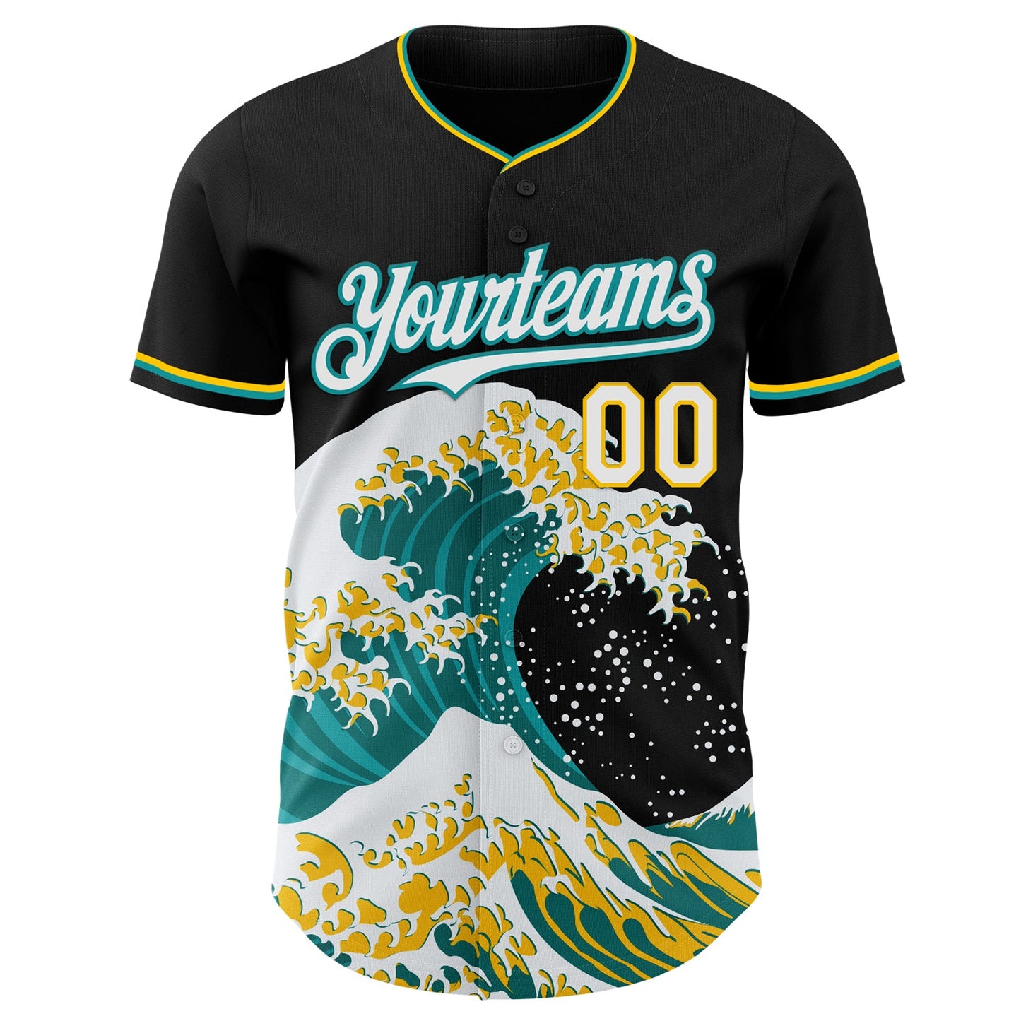 Custom Black White Teal-Yellow Japanese Wave Authentic Baseball Jersey view 3