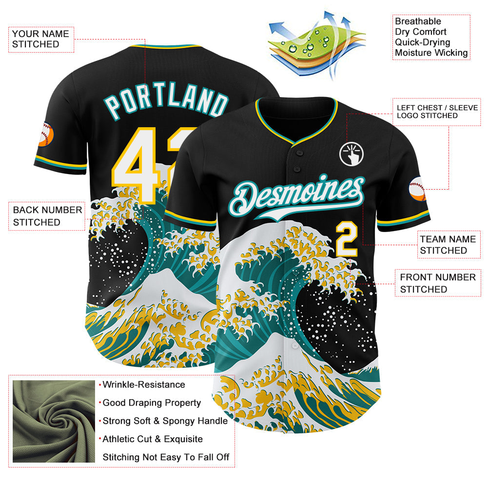 Custom Black White Teal-Yellow Japanese Wave Authentic Baseball Jersey view 4