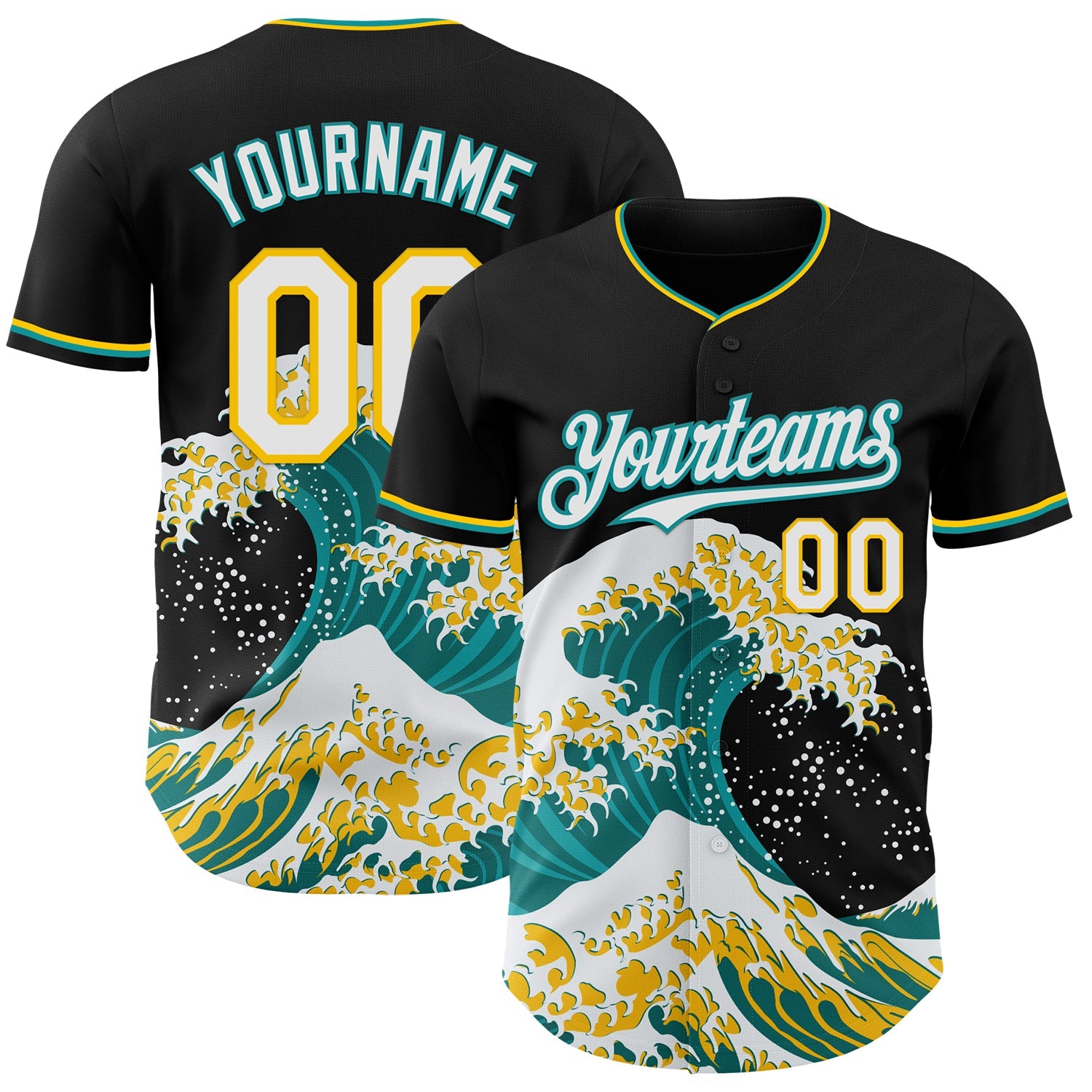 Custom Black White Teal-Yellow Japanese Wave Authentic Baseball Jersey - Main View