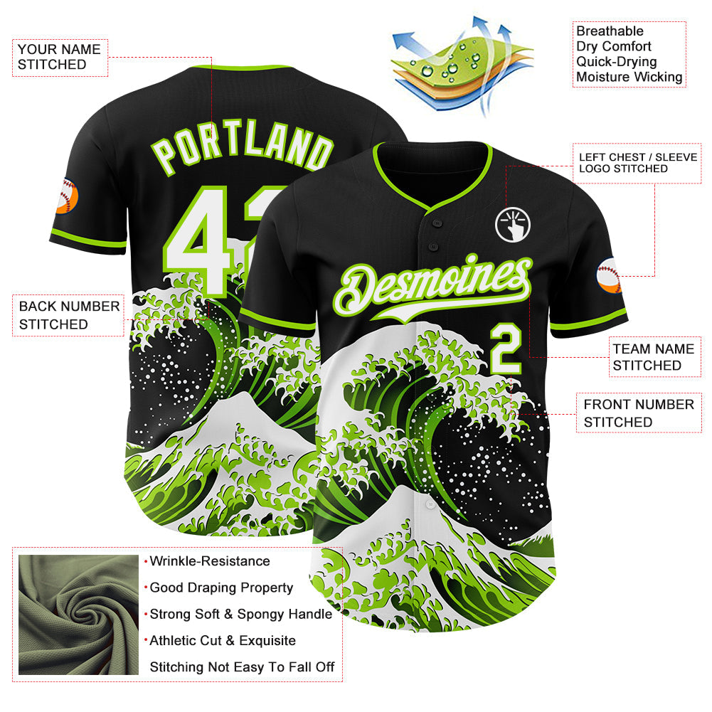 Custom Black White-Neon Green Japanese Wave Authentic Baseball Jersey view 4