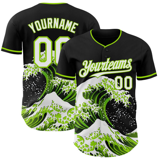 Custom Black White-Neon Green Japanese Wave Authentic Baseball Jersey - Main View
