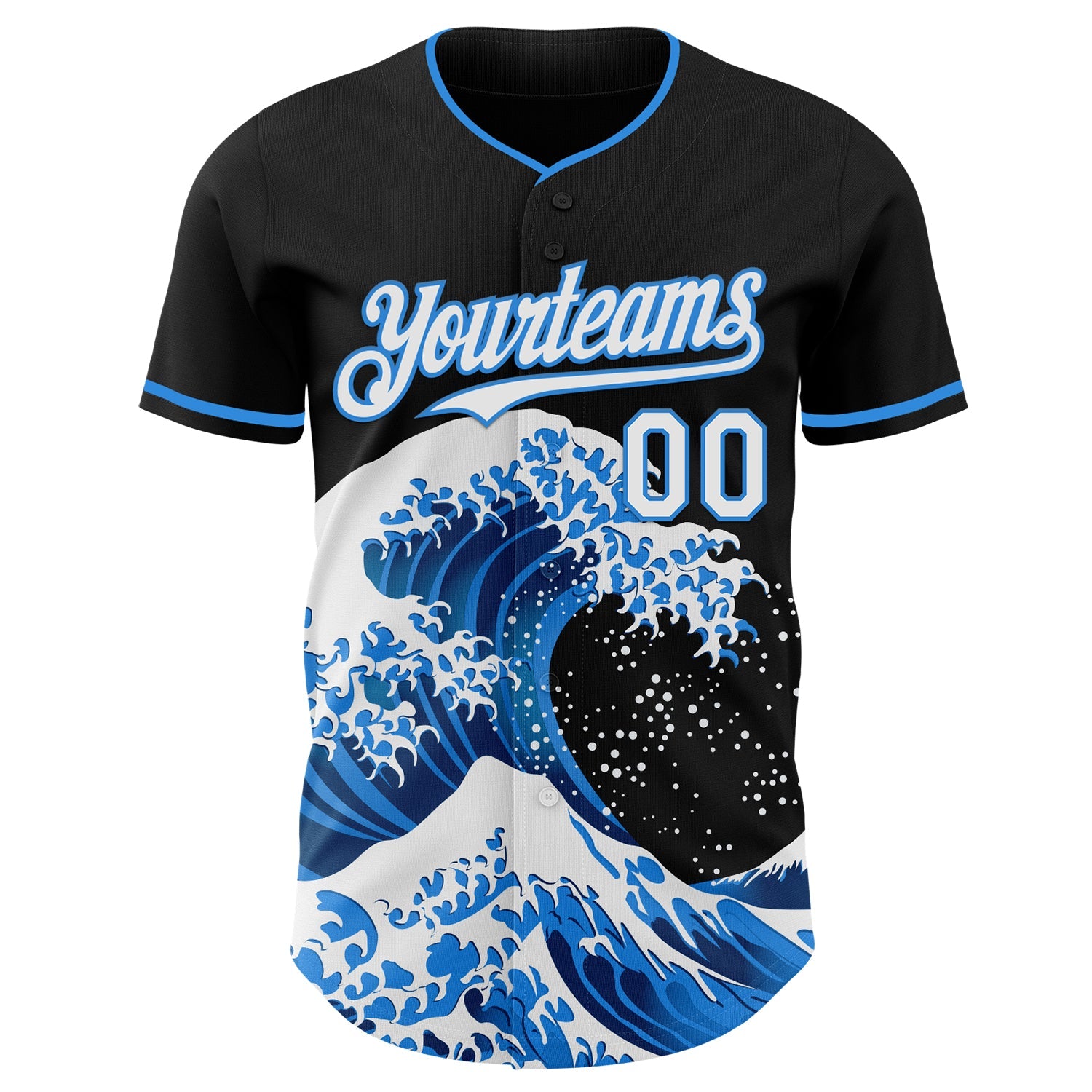 Custom Black White-Electric Blue Japanese Wave Authentic Baseball Jersey view 3
