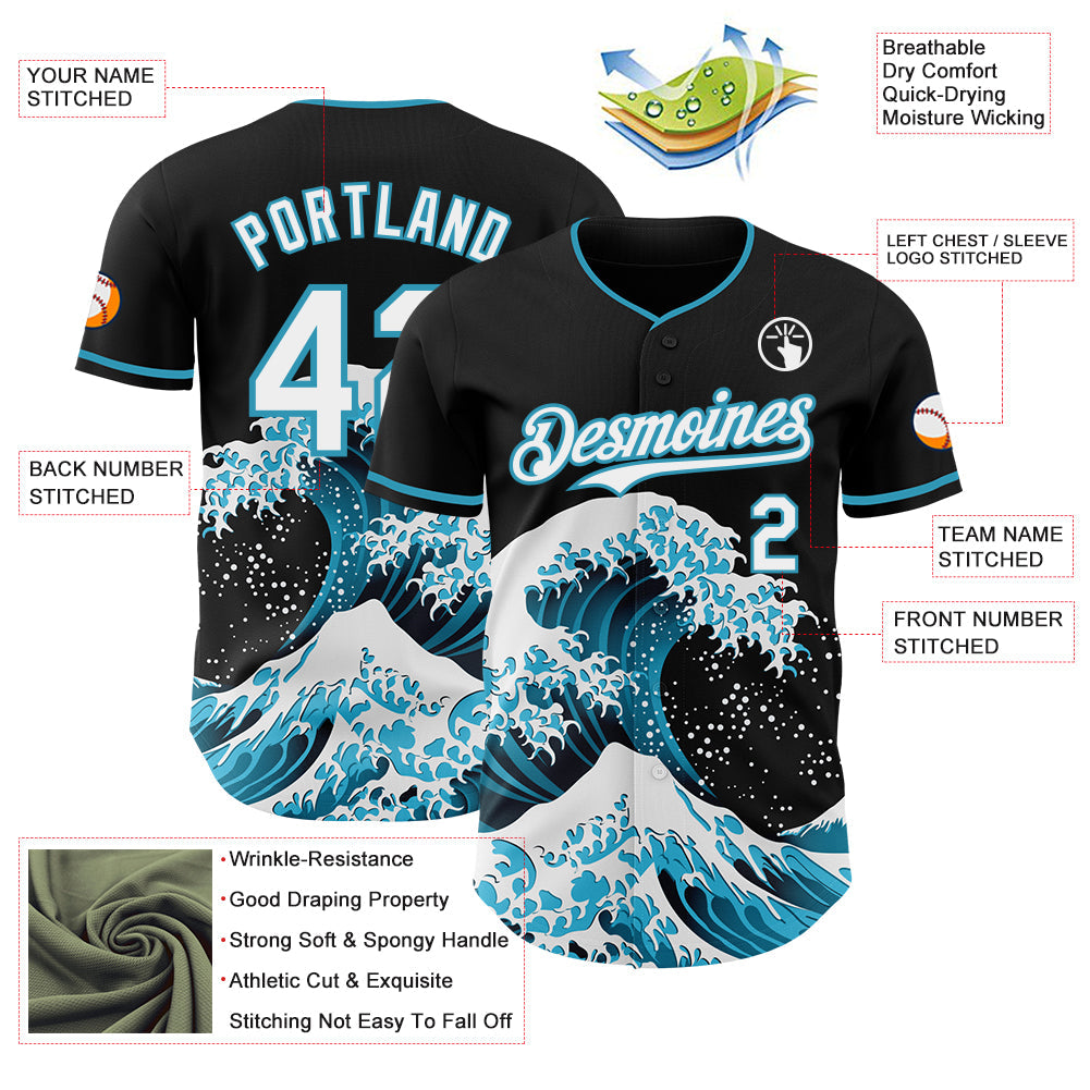 Custom Black White-Panther Blue Japanese Wave Authentic Baseball Jersey view 4