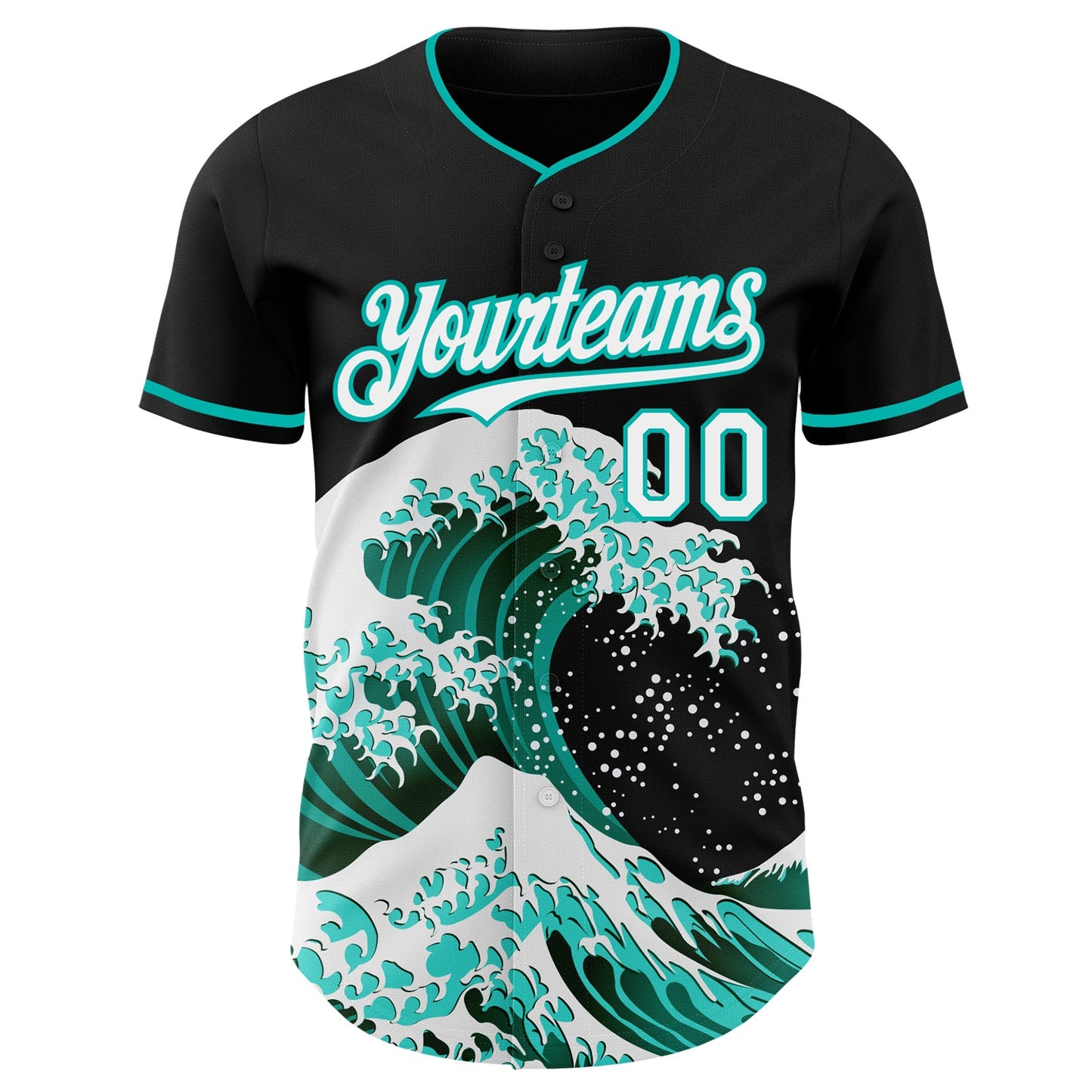 Custom Black White-Aqua Japanese Wave Authentic Baseball Jersey view 3