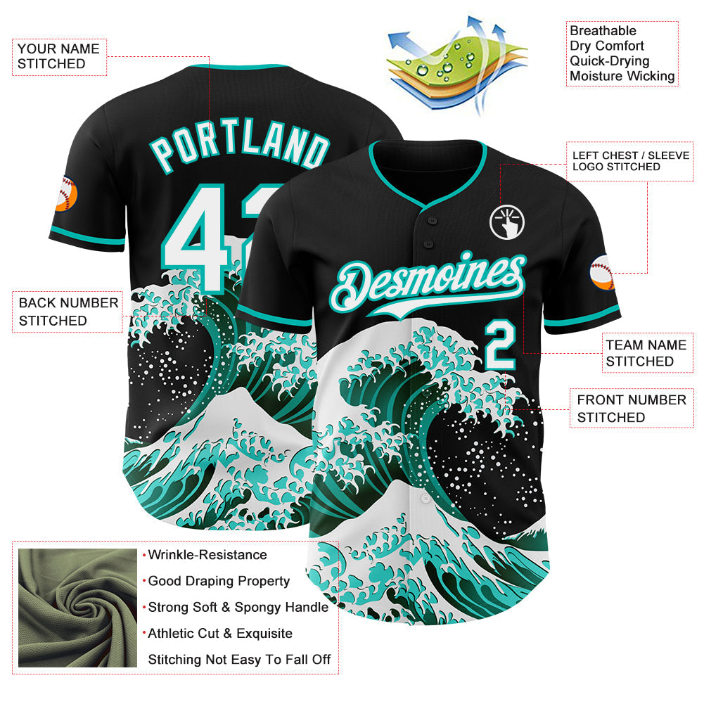 Custom Black White-Aqua Japanese Wave Authentic Baseball Jersey view 4