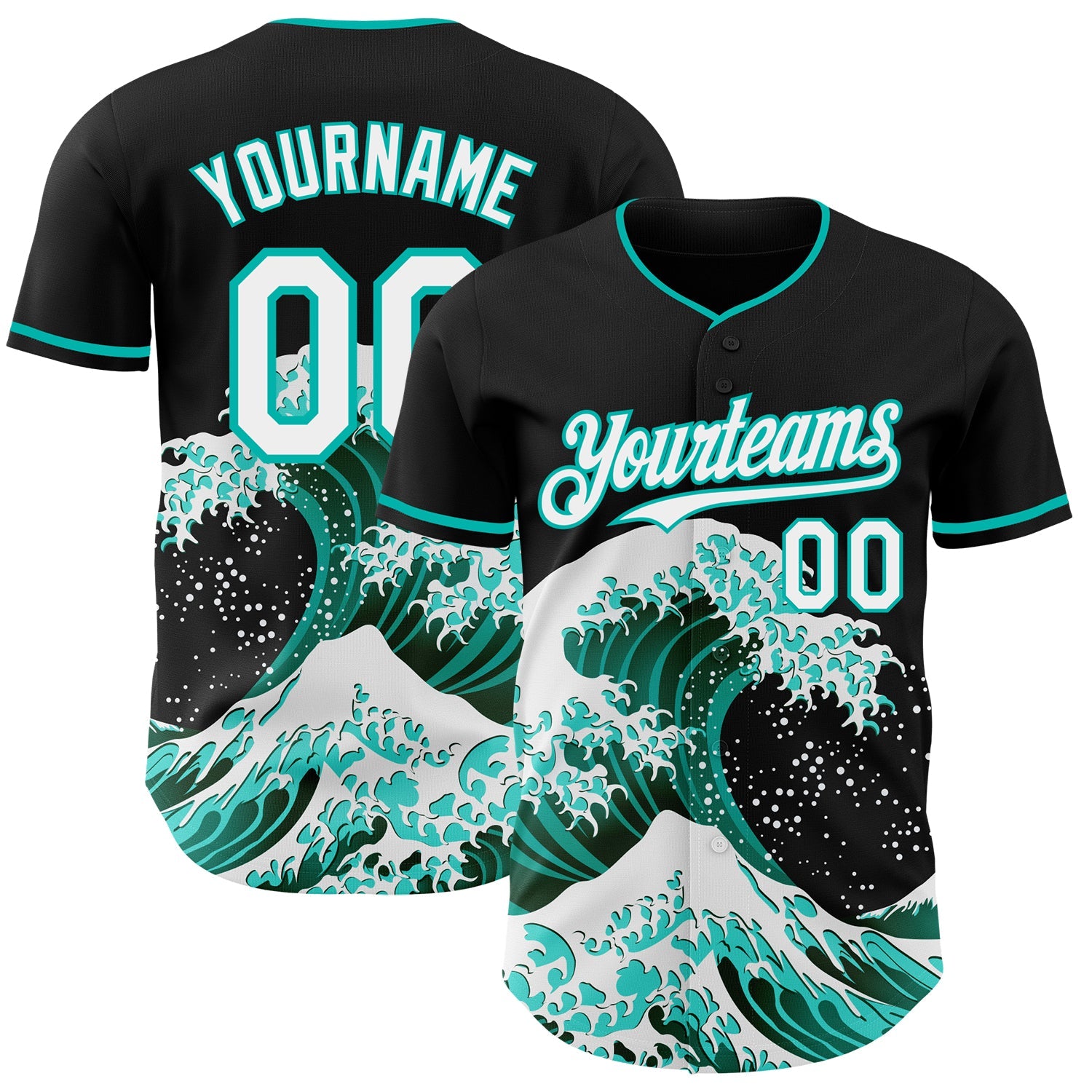 Custom Black White-Aqua Japanese Wave Authentic Baseball Jersey - Main View