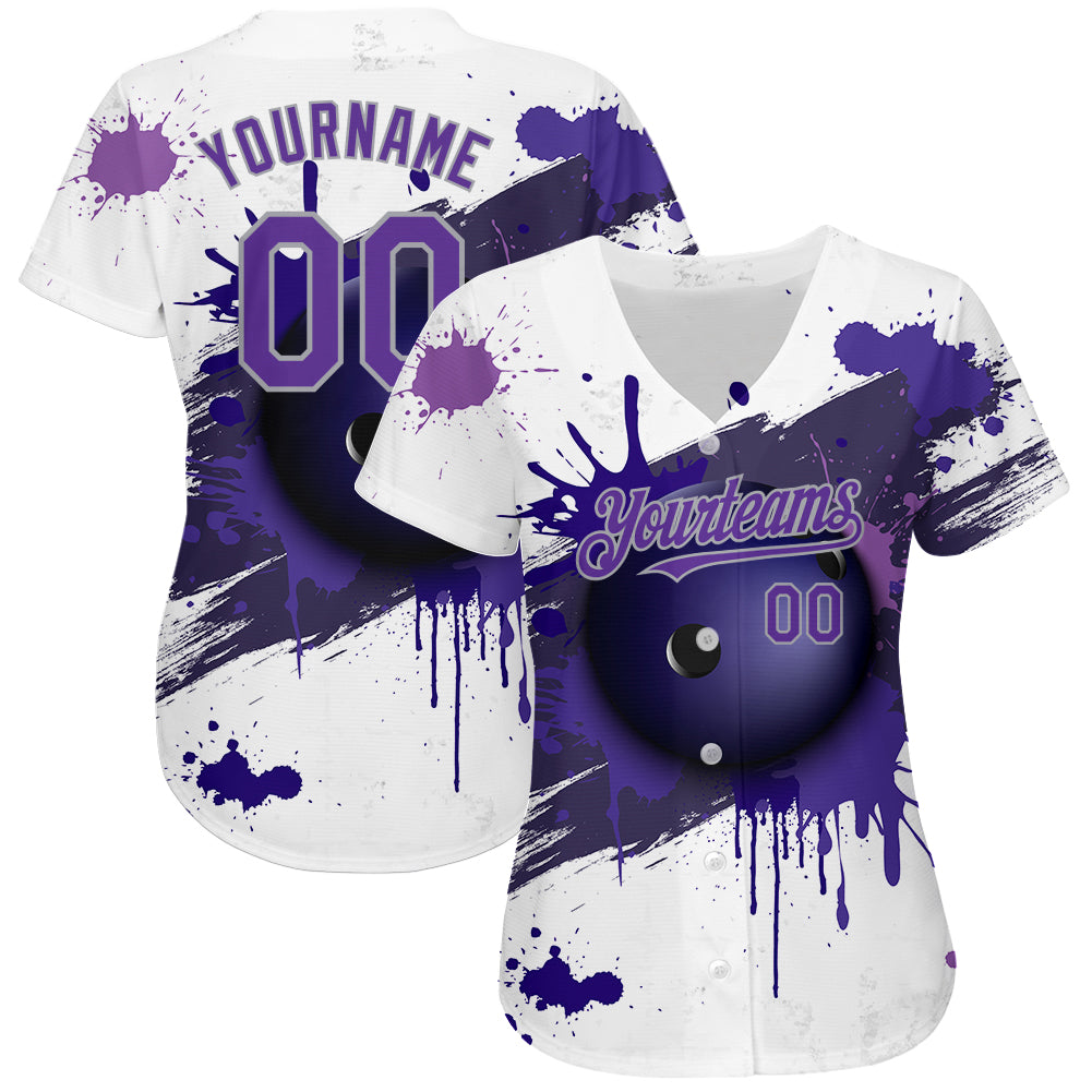 Custom White Purple-Gray 3D Pattern Design Bowling Ball Authentic Baseball Jersey view 2