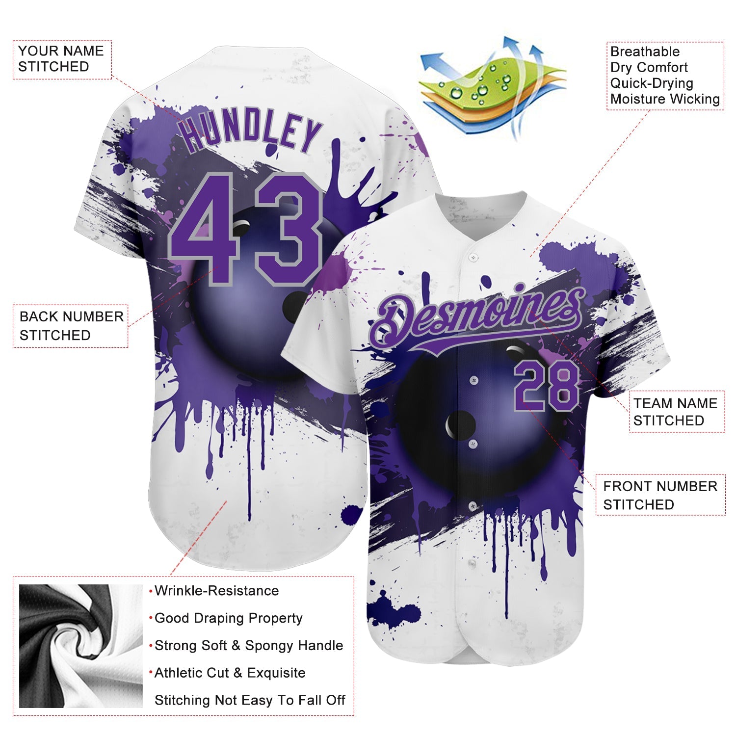 Custom White Purple-Gray 3D Pattern Design Bowling Ball Authentic Baseball Jersey view 3