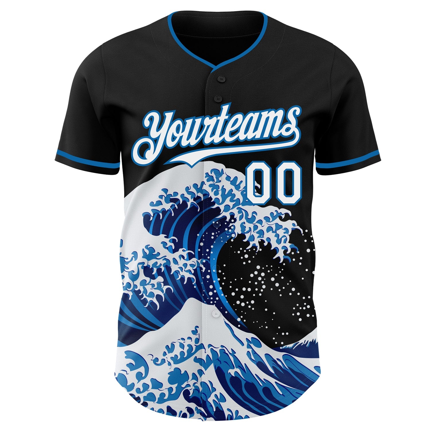 Custom Black White-Blue Japanese Wave Authentic Baseball Jersey view 3