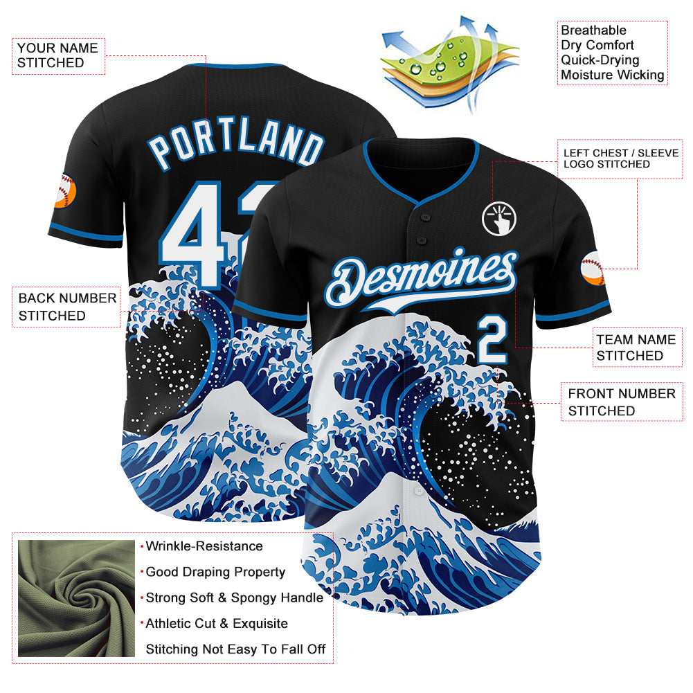 Custom Black White-Blue Japanese Wave Authentic Baseball Jersey view 4