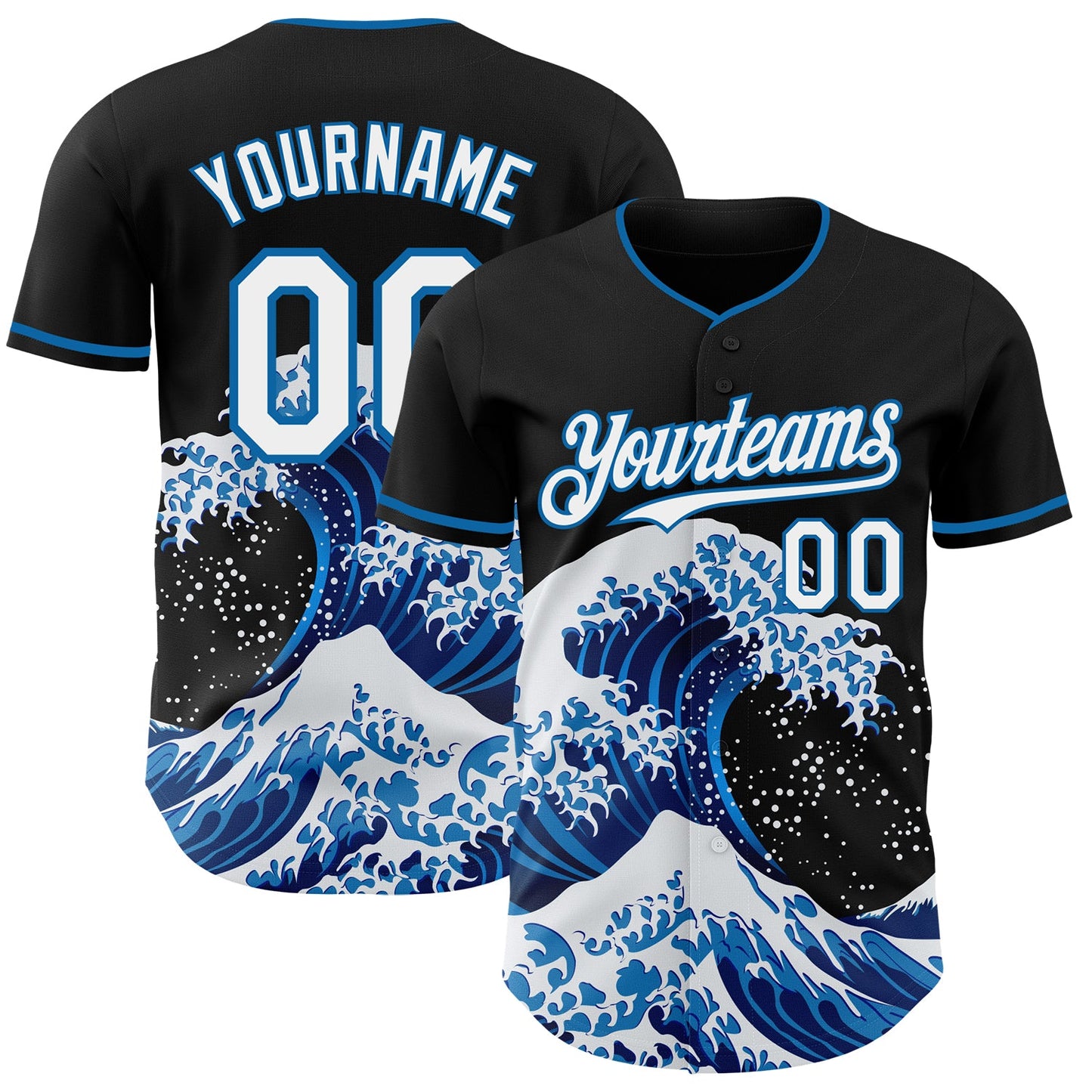 Custom Black White-Blue Japanese Wave Authentic Baseball Jersey - Main View