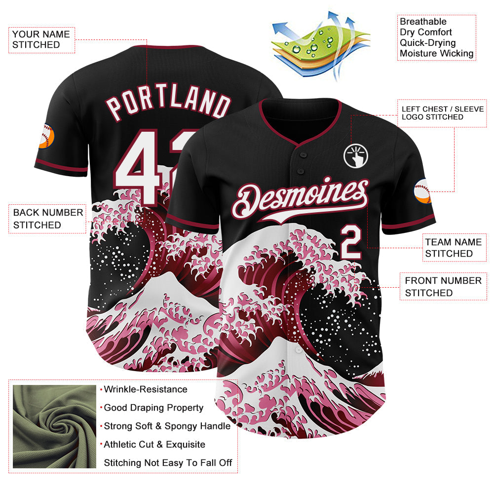 Custom Black White-Crimson Japanese Wave Authentic Baseball Jersey view 4