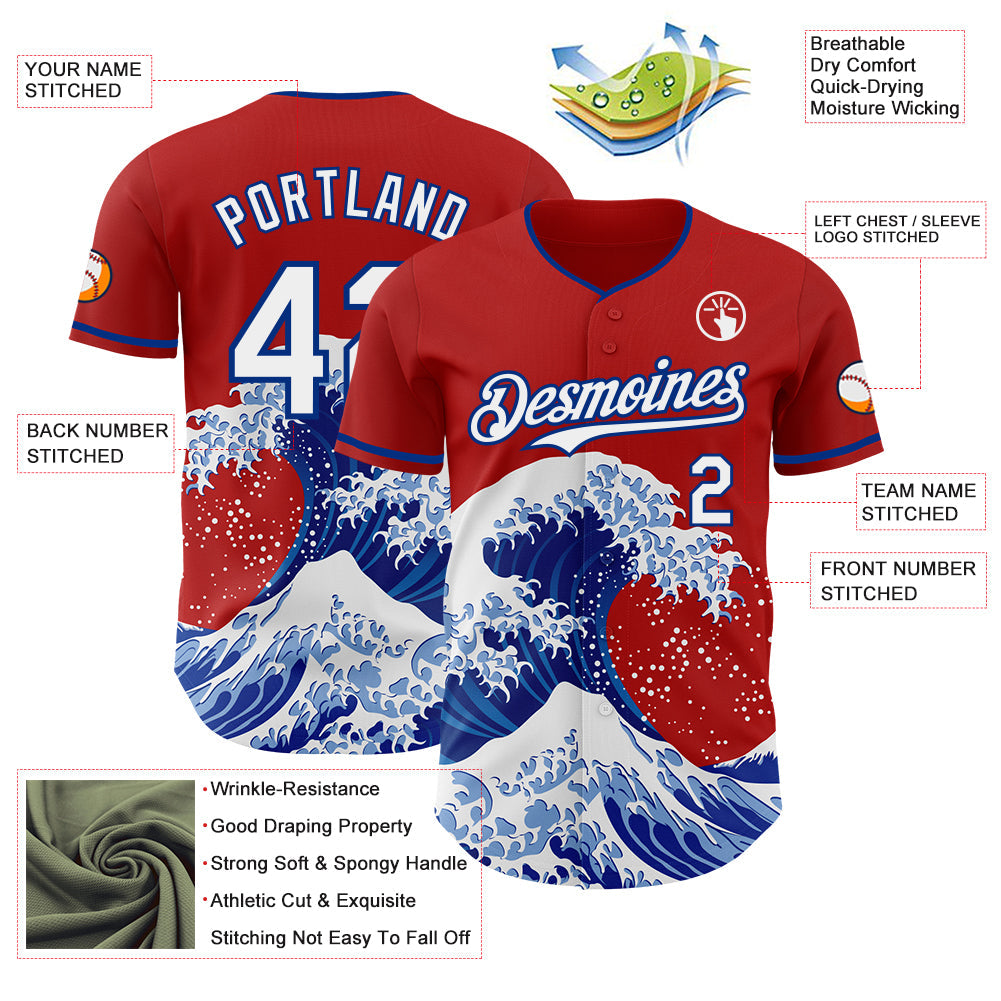 Custom Red White-Royal Japanese Wave Authentic Baseball Jersey view 4