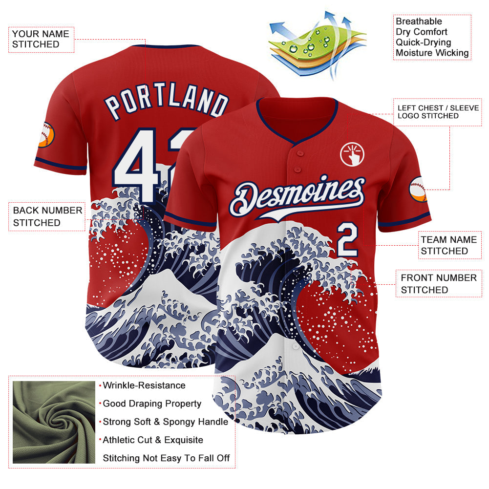 Custom Red White-Navy Japanese Wave Authentic Baseball Jersey view 4