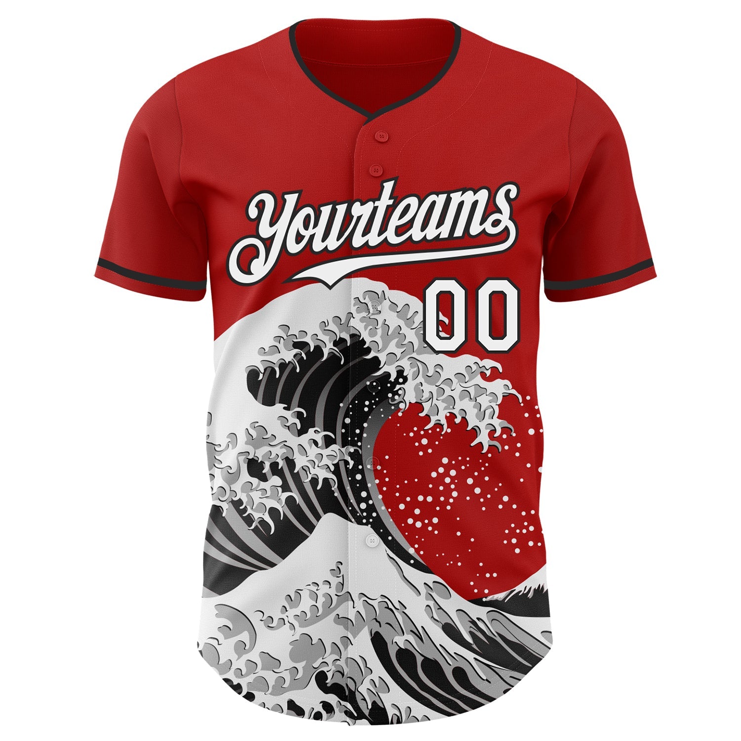 Custom Red White-Black Japanese Wave Authentic Baseball Jersey view 3