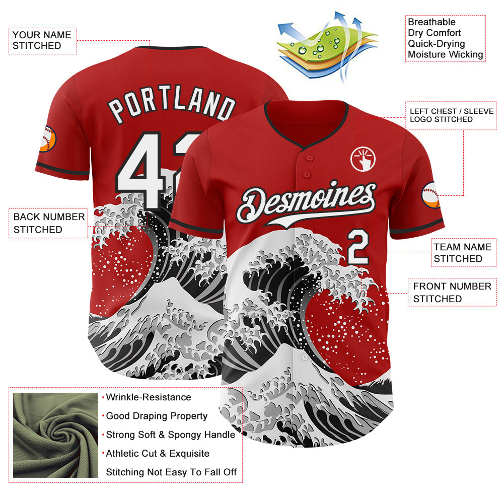 Custom Red White-Black Japanese Wave Authentic Baseball Jersey view 4