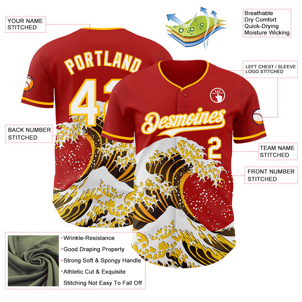 Custom Red White-Gold Japanese Wave Authentic Baseball Jersey view 4