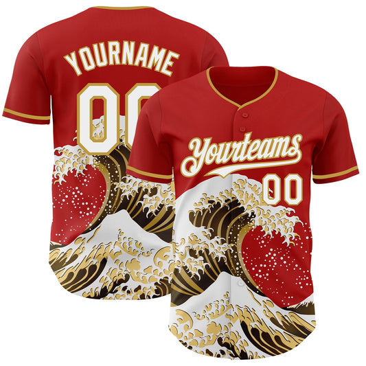 Custom Red White-Old Gold Japanese Wave Authentic Baseball Jersey - Main View